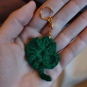 Lucky Clover Dark Green With Gold Chain Handmade Crochet Keychain Charm